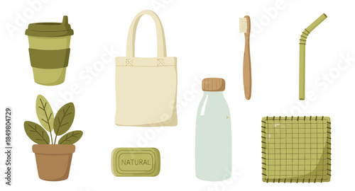 Flat eco icons with reusable bag, bamboo toothbrush, soap, straw, bottle, plant, cup, pad.