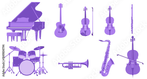 Set of flat musical instrument icons including piano, drums, strings, wind and brass