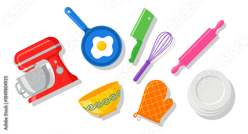 Colorful kitchen utensils including mixer, pan, knife, bowl, glove, whisk, rolling pin, plates.