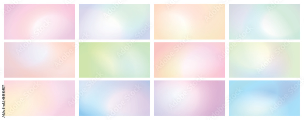 Naklejka premium Soft pastel gradient abstract backgrounds set with smooth gentle light blend airy dreamy minimal style delicate tones pink blue green yellow purple white design digital backdrop template collection