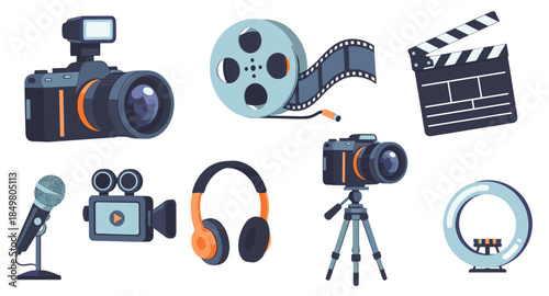 Set of video production and filmmaking icons including camera, clapperboard, microphone, and tripod.
