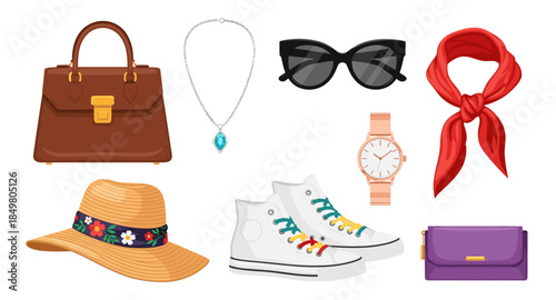 Set of fashion accessories including handbag, sunglasses, hat, scarf, sneakers, watch, and jewelry.
