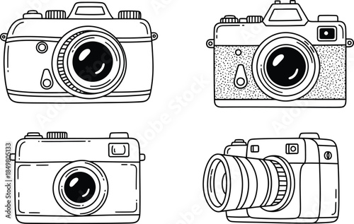 Vintage camera line art collection, retro photographic equipment set of 4 icons, black and white analog camera vector illustrations