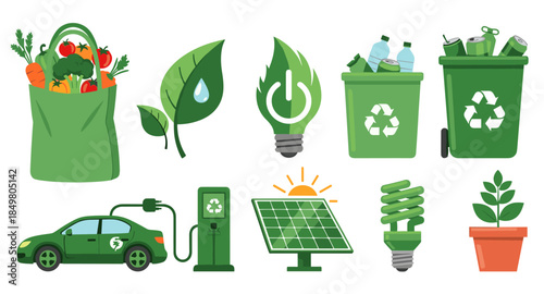 Eco-friendly icons set with electric car, recycling, solar panel, green energy, and reusable bag.