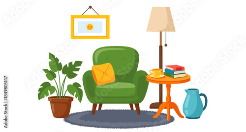 Cozy home interior icons including armchair, table, books, plant, lamp, rug, vase, and coffee cup.