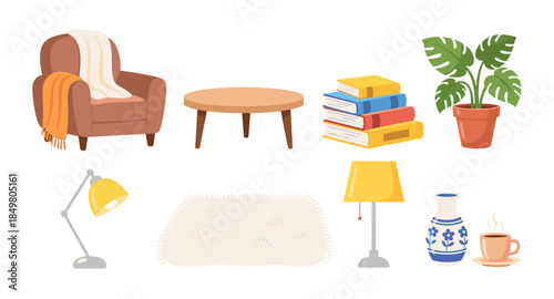 Cozy home interior icons including armchair, table, books, plant, lamp, rug, vase, and coffee cup.