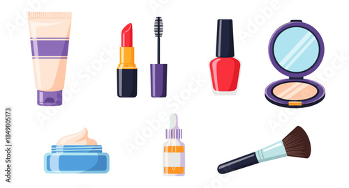 Set of makeup and beauty icons including lipstick, mascara, cream, blush, mirror, and makeup brush.