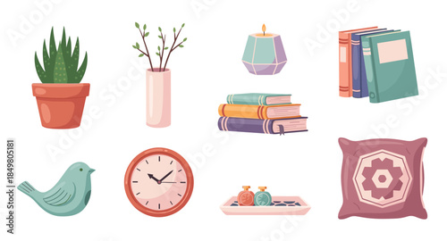 Set of cozy home decor icons including books, candle, pillow, plants, clock, bird, and vases.