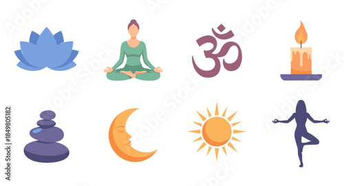 Set of yoga and meditation icons including lotus, poses, Om symbol, candle, sun, moon and stones.