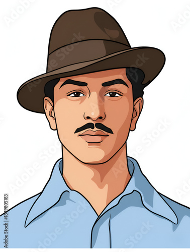 Bhagat Singh Indian freedom fighter portrait illustration wearing hat symbol of revolution courage sacrifice republic day independence day martyr shahid divas national pride history heritage patriotic