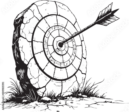 A stone target stands firmly as an arrow achieves a bullseye, symbolizing precision, focus, and hitting the mark in a graphic resource illustration.