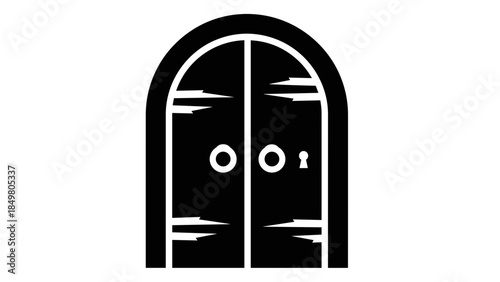 Black Arched Door with Keyhole and Doorknob.