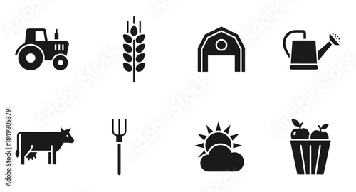 Black farming and agriculture icons set including tractor, barn, wheat, cow, apples, and tools.