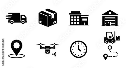 Black delivery and logistics icons set including truck, boxes, drone, warehouse, and location pins.