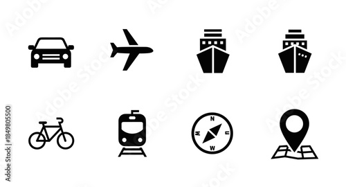 Black transportation and travel icons set including car, plane, ship, train and navigation tools.