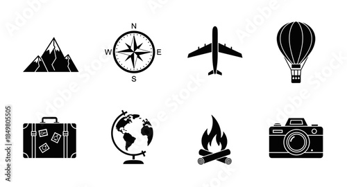 Black camping, hiking and outdoor adventure icons set isolated on white background.