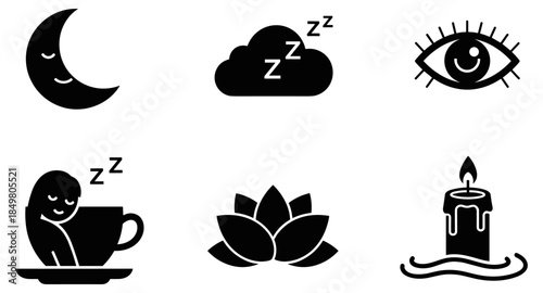 Black sleep, meditation and relaxation icons set isolated on white background.