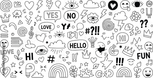 Collection of various cute doodle icons and symbols