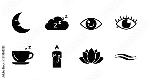 Black sleep, meditation and relaxation icons set isolated on white background.