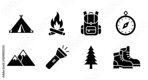 Black camping, hiking and outdoor adventure icons set isolated on white background.