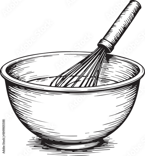 A detailed and artistic monochrome illustration captures a stainless steel bowl with a whisk gracefully suspended within, inviting the viewer into the world of culinary creation.