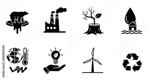 Climate change and environment icons: pollution, deforestation, flooding, global warming, green energy.