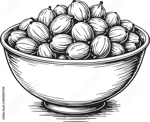 A hand-drawn black and white illustration of gooseberries overflow from a ceramic bowl. Evoking rustic charm. 