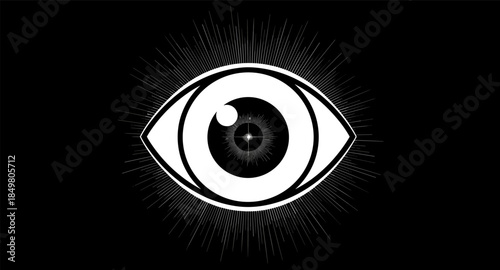 Surreal mystical eye illustration with radiating lines, black and white vector art.