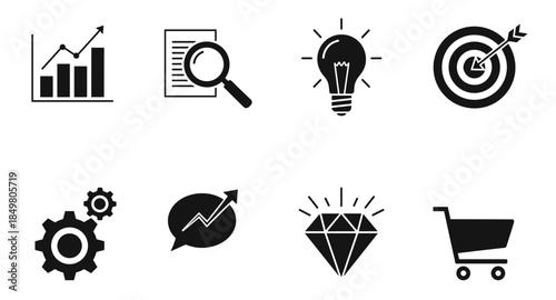 Solid business and marketing icons: chart, idea, target, research, shopping cart, gear, value, growth.
