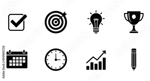 Solid productivity and success icons: checkmark, target, idea, trophy, calendar, clock, graph, pencil.