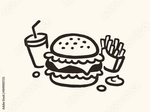 Burger Fries Soda Minimalist Doodle Thick Outline Vector Illustration
