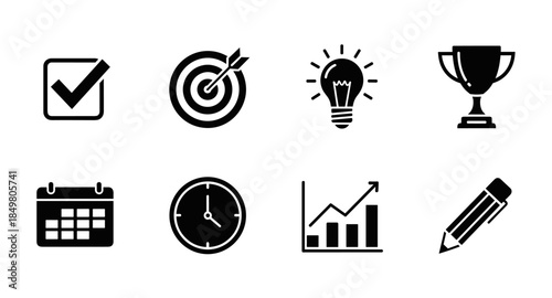 Solid productivity and success icons: checkmark, target, idea, trophy, calendar, clock, graph, pencil.