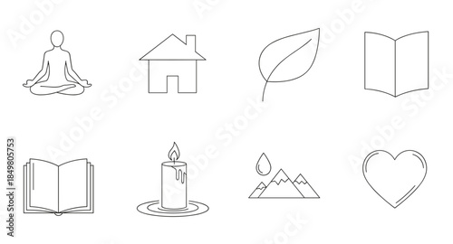 Minimal wellness and lifestyle icons: meditation, home, nature, candle, book, heart, mountain, leaf.