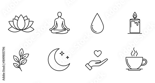 Minimal wellness and mindfulness icons: lotus, yoga, candle, moon, tea, heart, nature, drop.