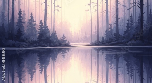 Misty Forest Lake Sunrise Reflection Serene Nature Landscape.