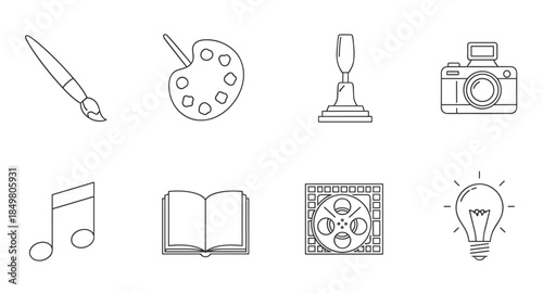 Minimal creative arts icons: brush, palette, award, camera, music note, book, film reel, lightbulb.