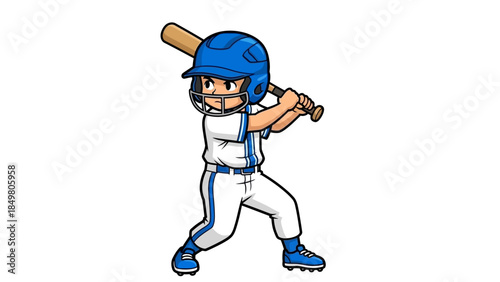 Cartoon Baseball Batter Ready to Swing Blue Uniform Kid Sports Illustration