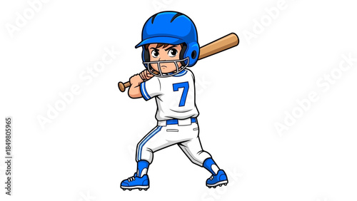 Adorable Cartoon Baseball Player Child Ready to Swing Bat in Uniform