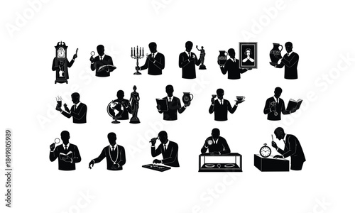 set of antique dealer silhouettes examining item in various poses on a white background