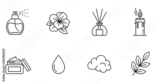 Minimal spa and aromatherapy icons: perfume, flower, diffuser, candle, cream, drop, cloud, leaves.