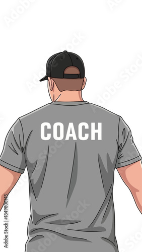 Motivational Coach Standing Back View with COACH Text on Gray T Shirt and Black Cap