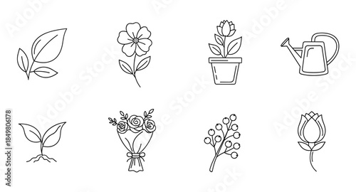 Minimal floral and gardening icons: rose, bud, leaf, succulent, watering can, pot, seed, and branch.