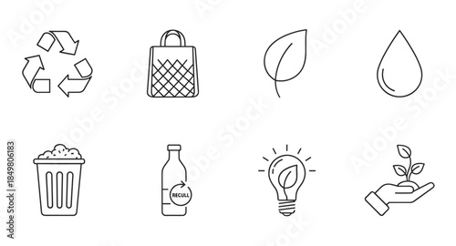 Minimal eco and sustainability icons: leaf, recycle, water, green energy, plant, windmill, and trash bin.