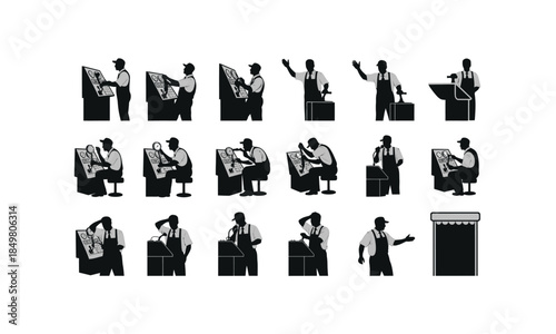 set of carnival ride operator silhouettes in various poses on a white background
