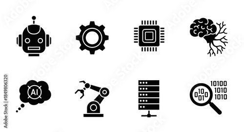 AI and robotics icons: robot, brain, neural network, chip, automation, machine learning, data analysis.