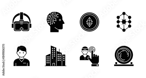 Tech and innovation icons: VR headset, AI, blockchain, smart city, biometrics, virtual identity.