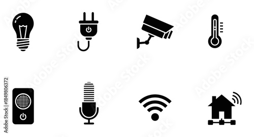 Smart home icons: security camera, smart thermostat, voice assistant, smart light, door lock, app control.