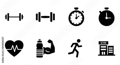 Fitness and gym icons: dumbbell, stopwatch, heart rate, muscle, water bottle, running, gym building.