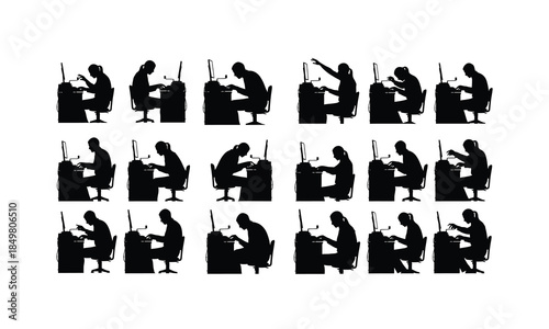 set of court stenographer silhouettes typing in various poses on a white background