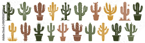 Cactus desert silhouettes set. Black cactus. Western Mexican desert plant silhouette with blossom, exotic succulent artwork with thorns and flowers. various cactus silhouettes on transparen background